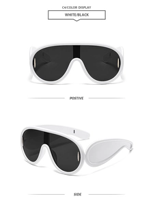 Detailed front and side views of white oversized fashion sunglasses with dark grey lenses