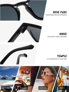 Detail view of reinforced hinges, nose pads, and temple design on classic black sunglasses