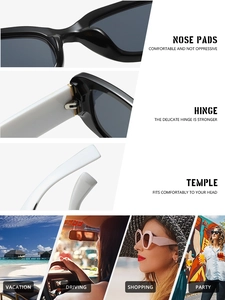 Détail de lunettes de soleil carrées montrant les plaquettes, charnières et branches