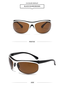 Vues détaillées de lunettes de soleil punk ovales en métal avec monture noir-argent et verres bruns