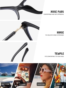 Detail view of black cat-eye frames with durable hinges and lifestyle usage scenes