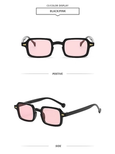 Detail view of vintage square sunglasses with black frame and light pink tinted lenses