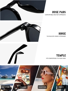 Detailed views of reinforced hinges, nose pads, and lifestyle scenes for aviator sunglasses