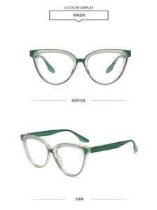 Detail view of cat-eye green and transparent frame glasses with front and side perspectives