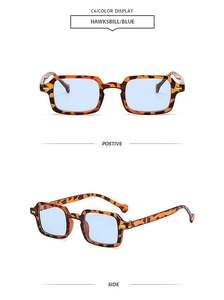Detail view of retro square tortoiseshell sunglasses with light blue lenses and metal hinges