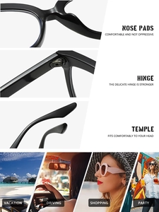 Detail of comfortable nose pads, reinforced hinges and lifestyle usage for black eyewear