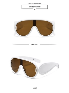 Front and side view of white oversized shield sunglasses with brown one-piece lenses