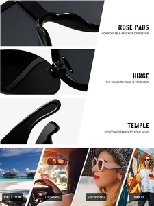 Detail of oversized sunglasses showing integrated nose pads, hinges, and round temples