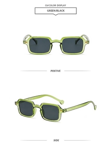 Detail view of rectangular green translucent sunglasses with black lenses and side profile
