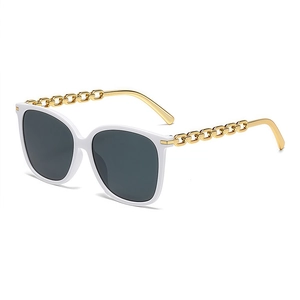 Stylish oversized square white sunglasses with gold chain temples and dark lenses