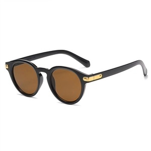 Classic vintage round sunglasses in glossy black frame with tinted brown lenses