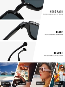 Detail view showing durable hinges, nose pads, and stylish square frame sunglasses