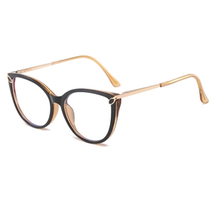 Retro cat-eye glasses frame with black and amber finish and golden metal temples