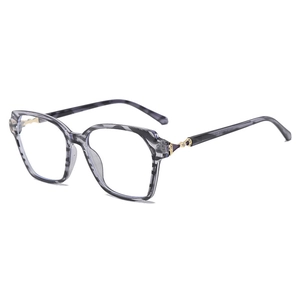 Monture de lunettes carrée rétro avec texture marbre et détails métal or et violet