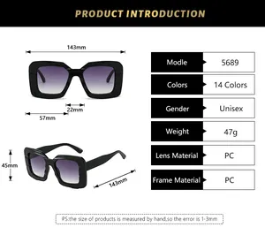 Detailed size chart for large square sunglasses showing frame dimensions and PC material info
