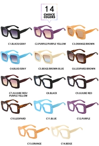Detail showcasing fourteen vibrant colors of oversized square fashion sunglasses for women