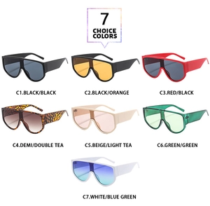 Matrix display of oversized square sunglasses in seven diverse colors and bold frame styles