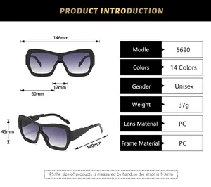 Detailed size chart for retro oversized square sunglasses showing full frame dimensions