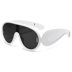 Futuristic white oversized wrap-around sunglasses with dark lenses for fashion street style