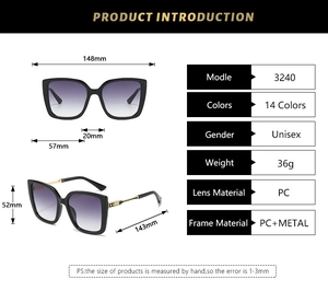 Detailed size chart and technical specifications for square oversized fashion sunglasses