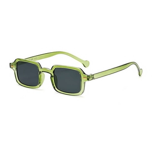 Retro square green frame sunglasses with dark grey lenses and metal hinge details