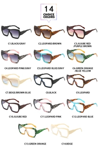 Detailed catalog showing 14 colorful oversized square sunglasses with various frames
