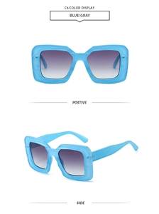 Front and side view of blue transparent square sunglasses with gray gradient lenses