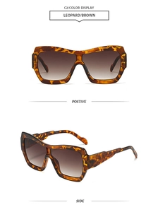 Front and side view of oversized leopard print sunglasses with brown gradient lenses
