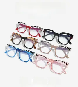 Group view of vintage square eyeglasses in six colors with leopard print splicing details