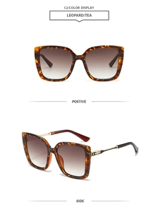 Detail of leopard print square sunglasses with tea gradient lenses and gold metal temples