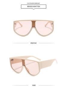 Front and side views of beige shield sunglasses with light tea translucent lenses