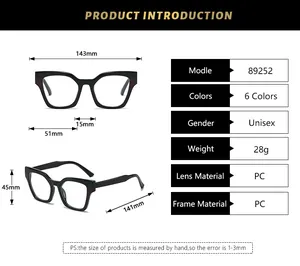 Detailed size guide with dimensions and specifications for square frame glasses