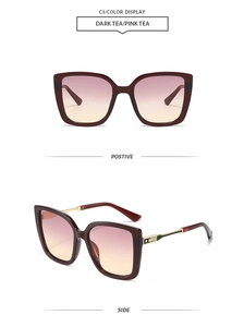 Detailed views of dark red square sunglasses with gradient lenses and gold metallic accents