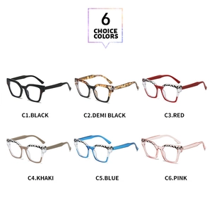 Collection of square frame glasses in six colors including black, blue, and pink