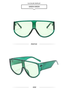 Front and side view of oversized green shield sunglasses with transparent frames