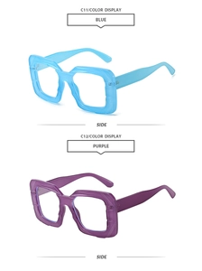 Detailed side view of thick geometric square eyewear frames in light blue and deep purple