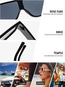 Detail of comfortable nose pads, sturdy hinges and temples of oversized black sunglasses