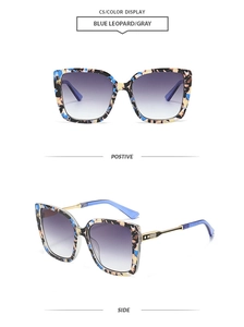 Blue tortoise shell square sunglasses with gold metal temples and grey gradient lenses