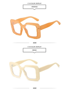 Detailed side view of orange and beige large square frame sunglasses in high-quality resin