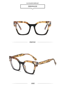 Detail view showing Demi Black square frame glasses from positive and side angles