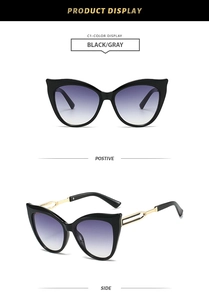 Detailed front and side views of black cat-eye sunglasses with hollow metal temples