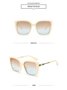 Front and side views of beige square oversized sunglasses with gold metal temple accents