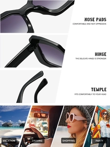 Detail showing black oversized frames with purple gradient lenses and durable hinges