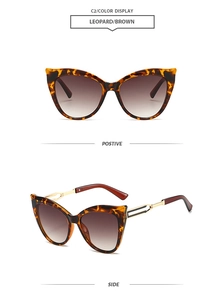 Detailed front and side views of leopard print cat-eye sunglasses with gold metal temples