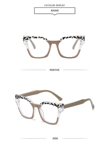 Front and side views of khaki leopard print square frame anti-blue light glasses