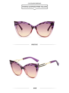 Detailed view of purple leopard cat eye sunglasses with pink gradient lenses and metal arms