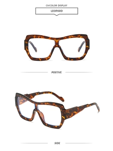 Detail view of leopard print oversized sunglasses with thick geometric frames and wide temples