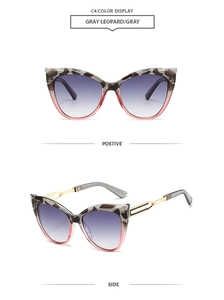 Detail view of cat eye sunglasses with grey leopard and pink frame and gold metal temples