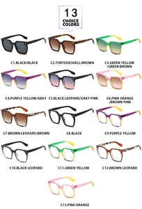 Detailed grid showing 13 different vintage square frame sunglasses in assorted colors