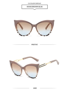 Cat eye sunglasses detail with khaki brown gradient lenses and leopard print accents